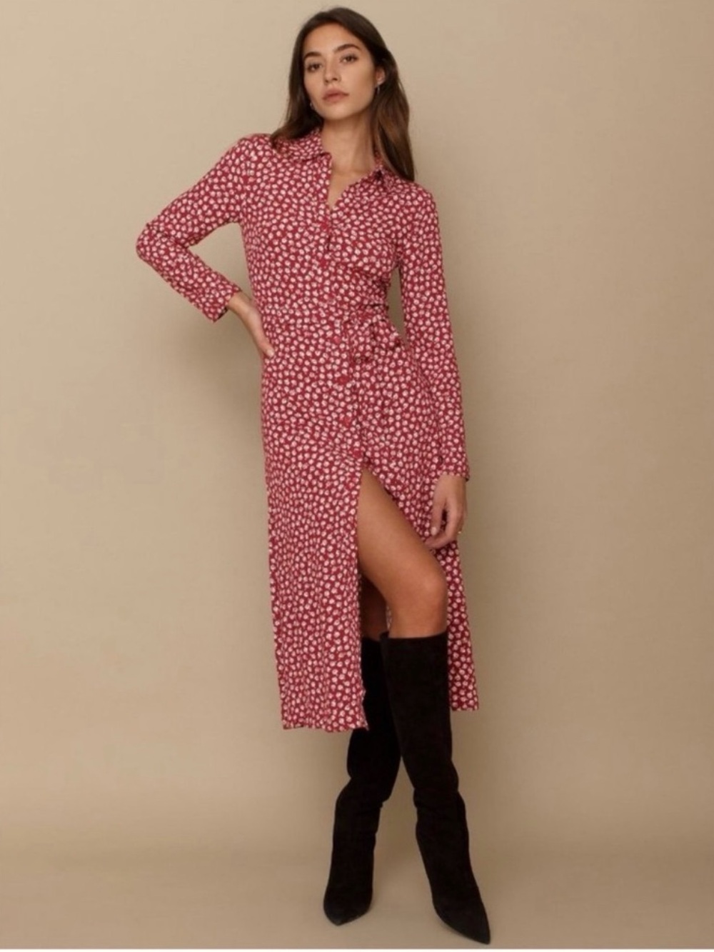 Reformation Brighton Button Down Shirt Dress Red Burgundy White Size S